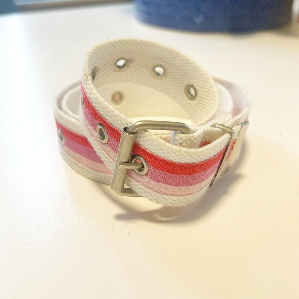 Pink Striped Canvas Woven Fabric Belt Rivets Adjustable White Preppy Y2K 38”